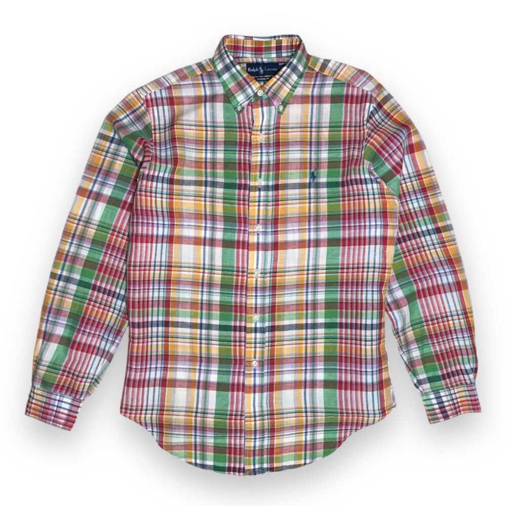 90s Vintage Ralph Lauren Classic Fit Plaid Linen Cotton Shirt Multicolor Plaid M